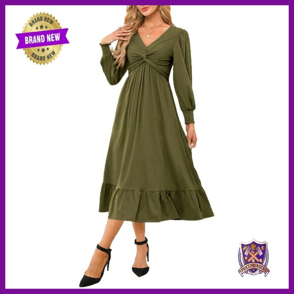 Dresses & Skirts - Wrap V-Neck Long Sleeve Empire Waist Midi Dress with Pockets